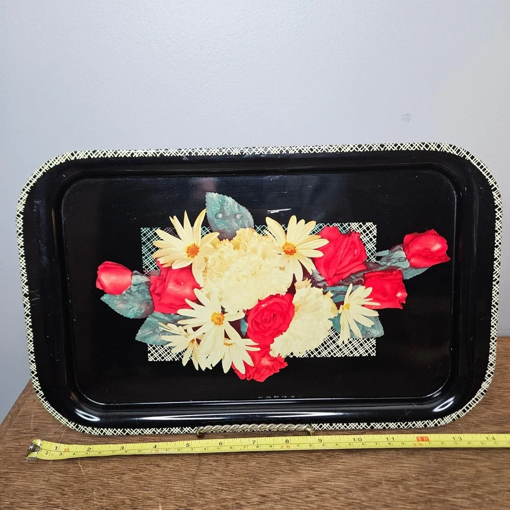 Vintage Black Metal Floral Serving Tray Roses Daisies Lattice Border 13.5x8.5